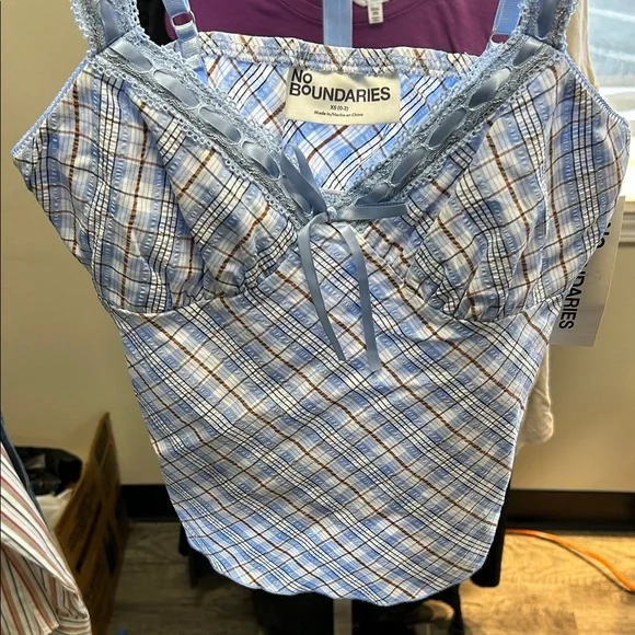 No Boundaries Light Blue Plaid Camisole with Lace - Picture 4 of 6